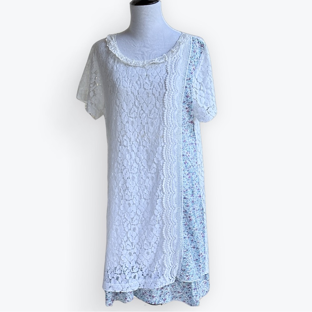 White Lace Dress Ditzy Floral Ruffles Romantic Feminine Boho Ibiza-Inspired ~ L